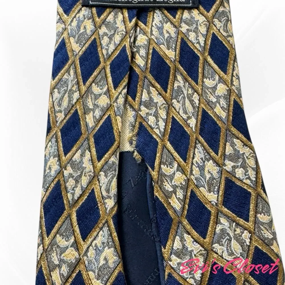 Ermenegildo Zegna Blue Gold Tie 100% Silk Disegno Exclusivo Made In Italy